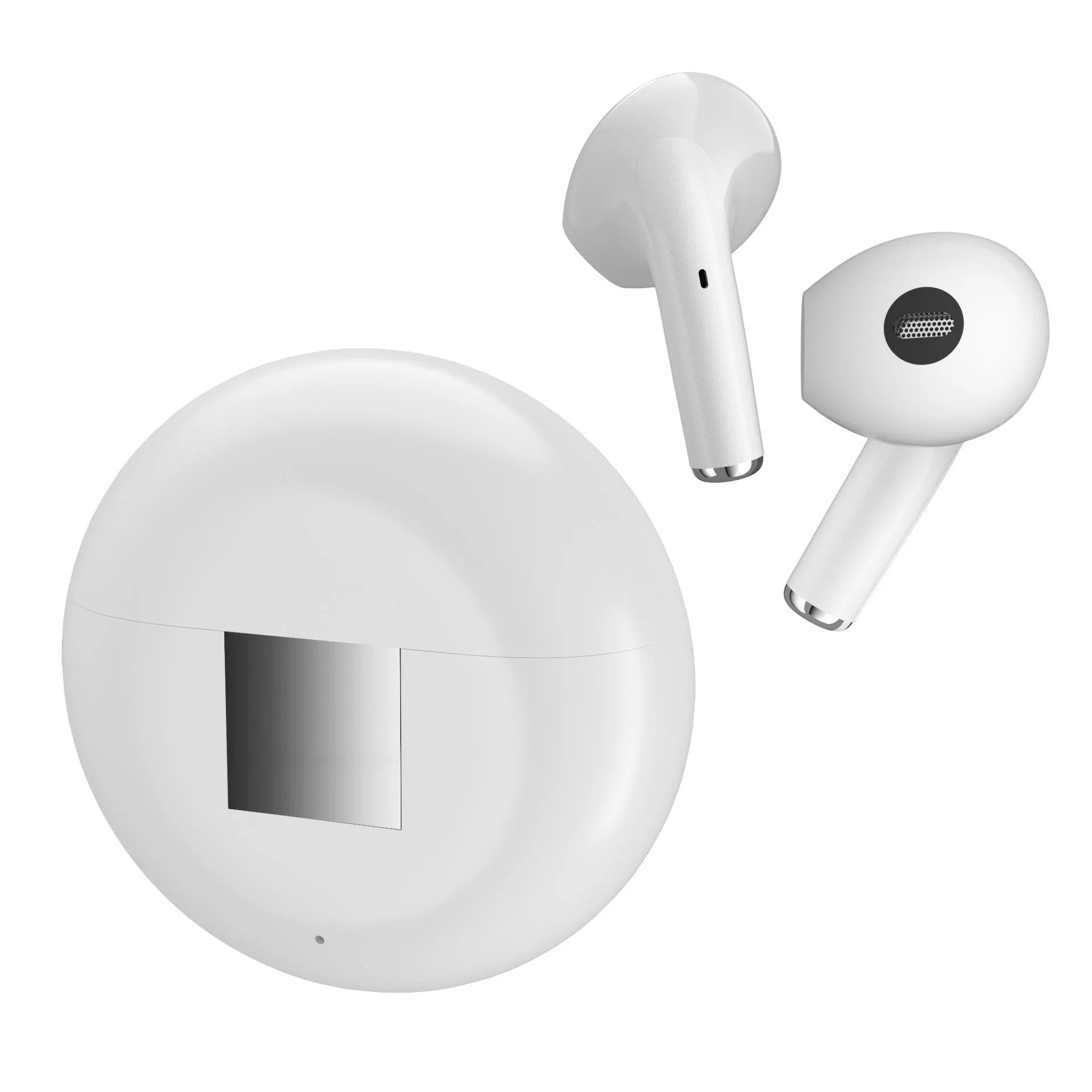 White Bluetooth wireless earbuds with charging compartment showing semi-in-ear design