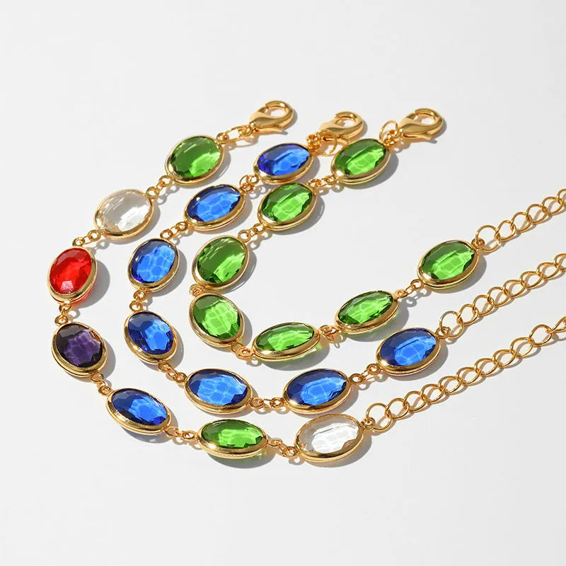 Geometric ellipse copper bracelet with glass inlay decoration in blue, green or multicolor options