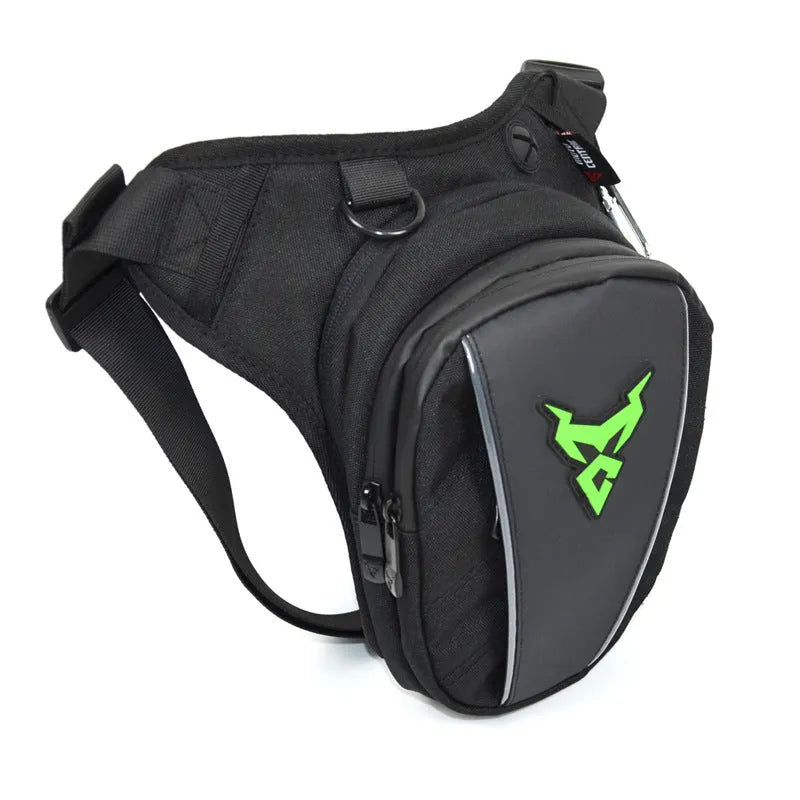 Motorcycle leg bag in 1200D Oxford cloth shown with adjustable straps for crossbody, waist, or shoulder wear.