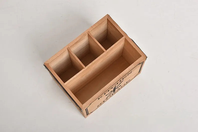 Wooden kitchen storage box with grid dividers for cutlery organisation