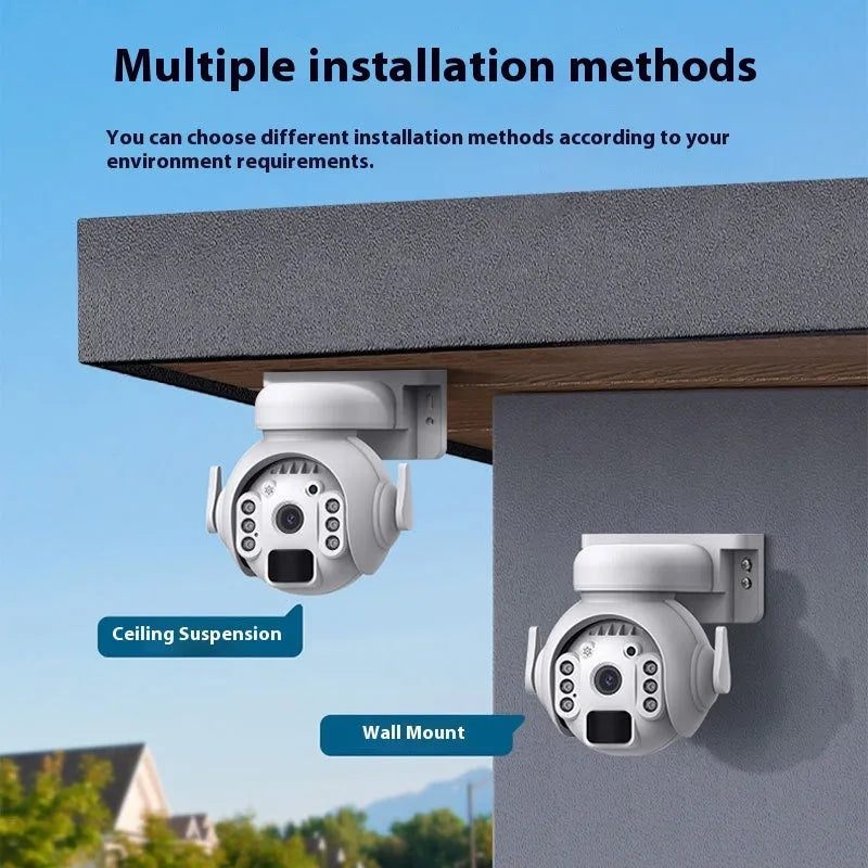 Outdoor solar-powered security camera in camouflage colour with integrated solar panel on top.