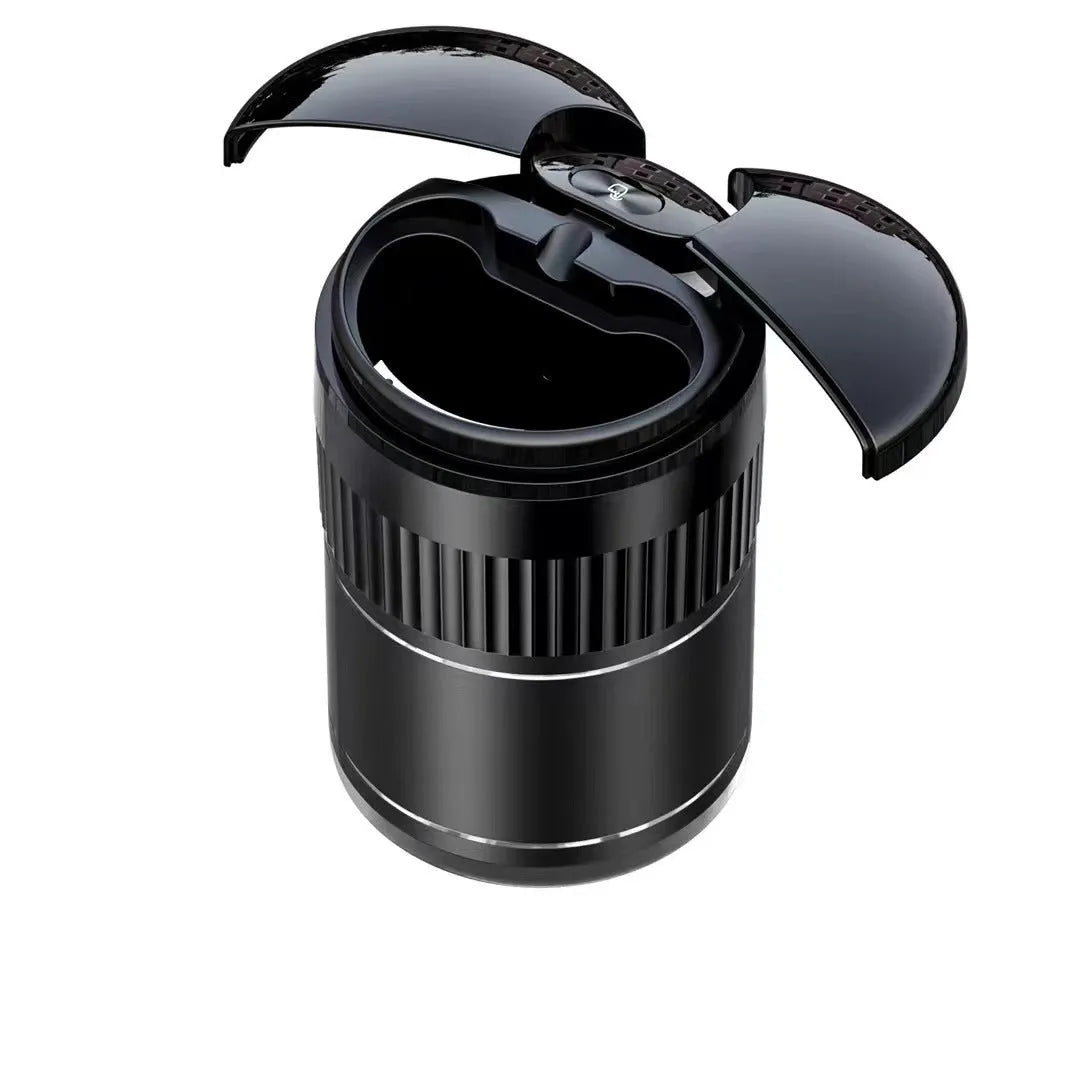 Automatic sensing metal smart ashtray with lid in black colour, showing compact 113mm x 72mm size