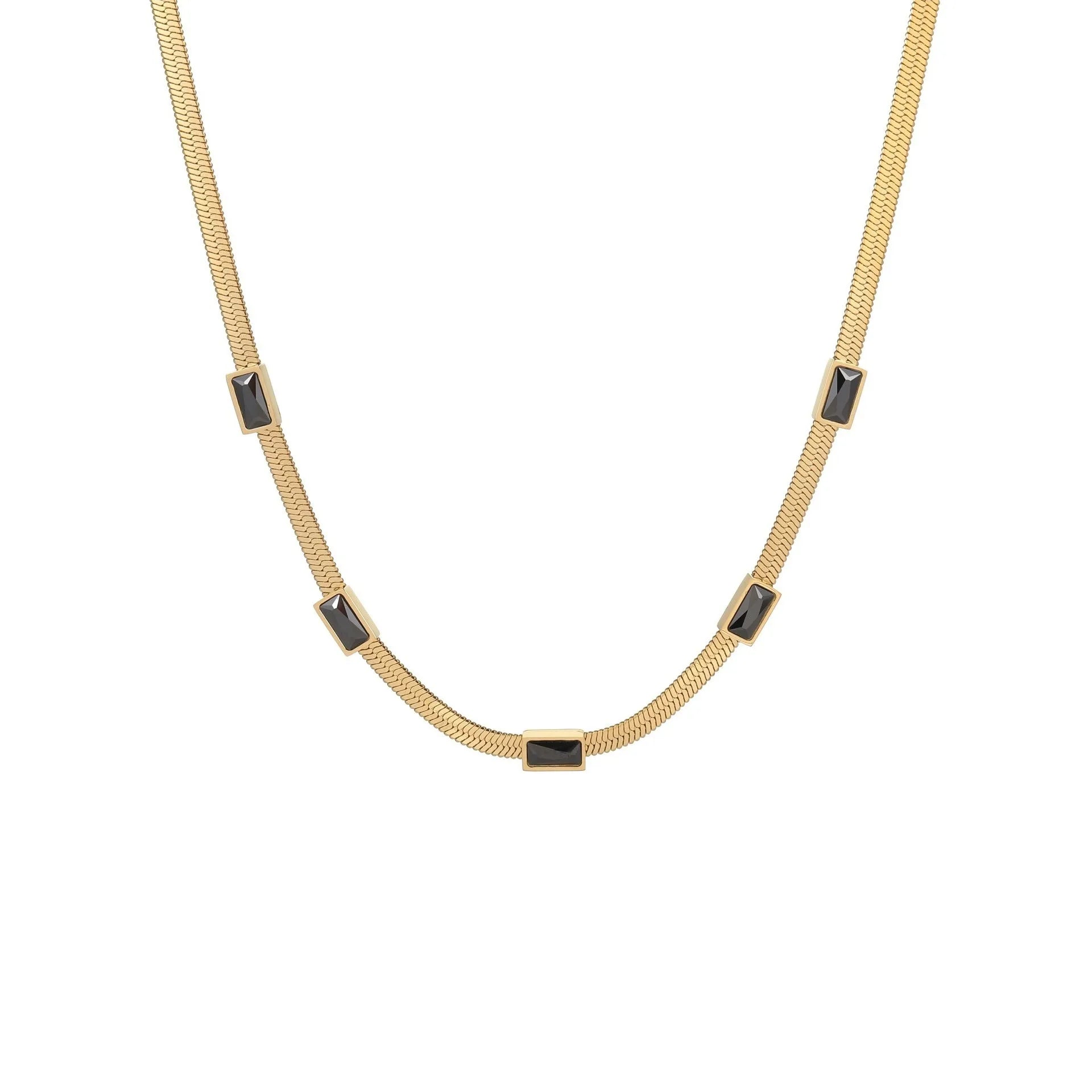 Retro geometric square zircon necklace on flat snake-style stainless steel chain in gold finish