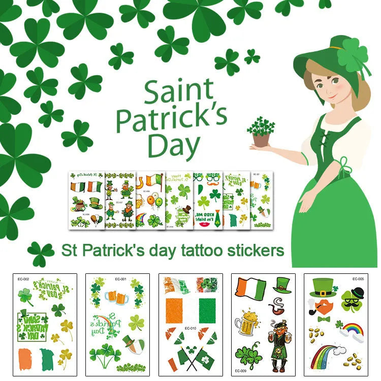 Temporary tattoo sticker sheet with St. Patrick's Day clover designs for Irish festival face painting