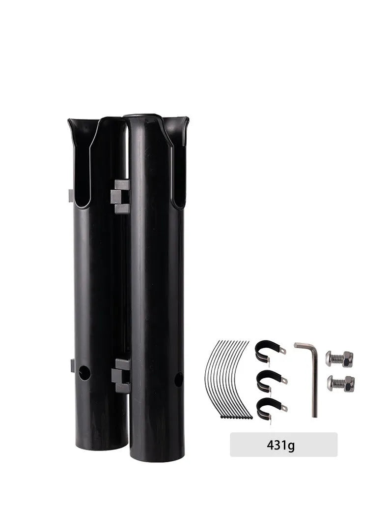 Motorcycle fishing rod rack with double-layer plastic construction and adjustable pipe clamp mounting system