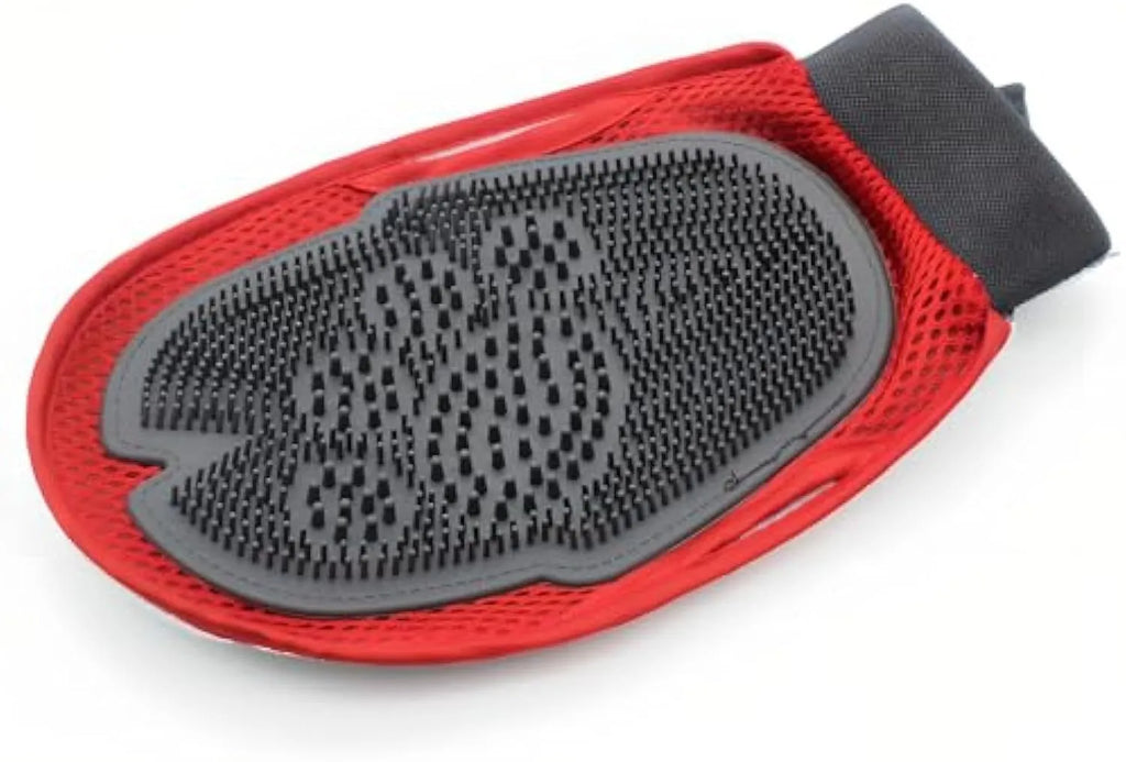 Red pet bathing glove with integrated brush for dog and cat grooming during washing