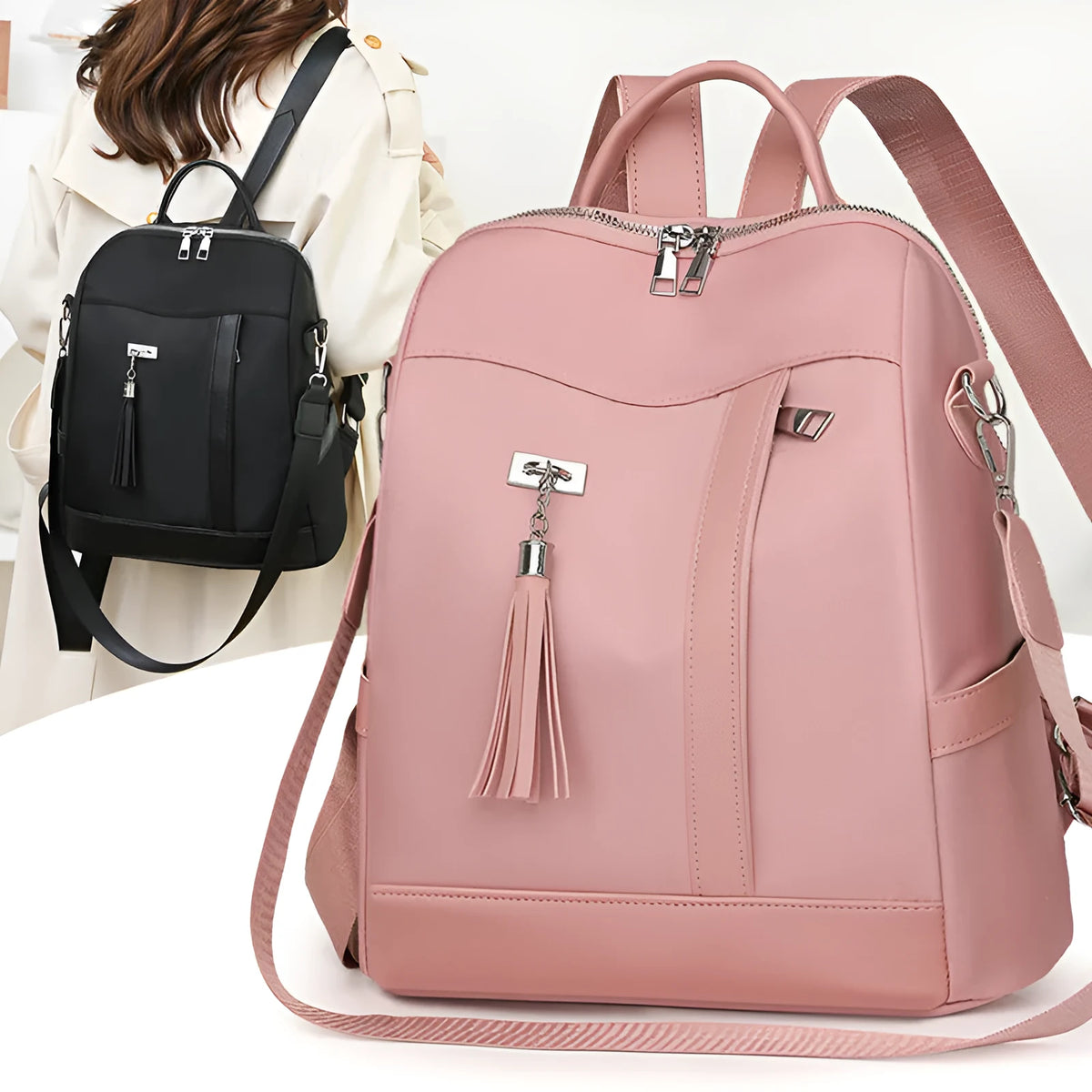 Simple commute backpack in soft PU material with three-dimensional pockets and urban design