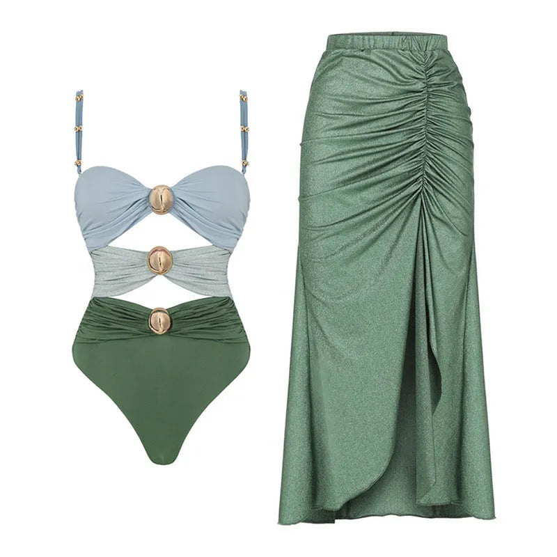 Women's green high waist split bikini swimsuit with a matching skirt on a mannequin.