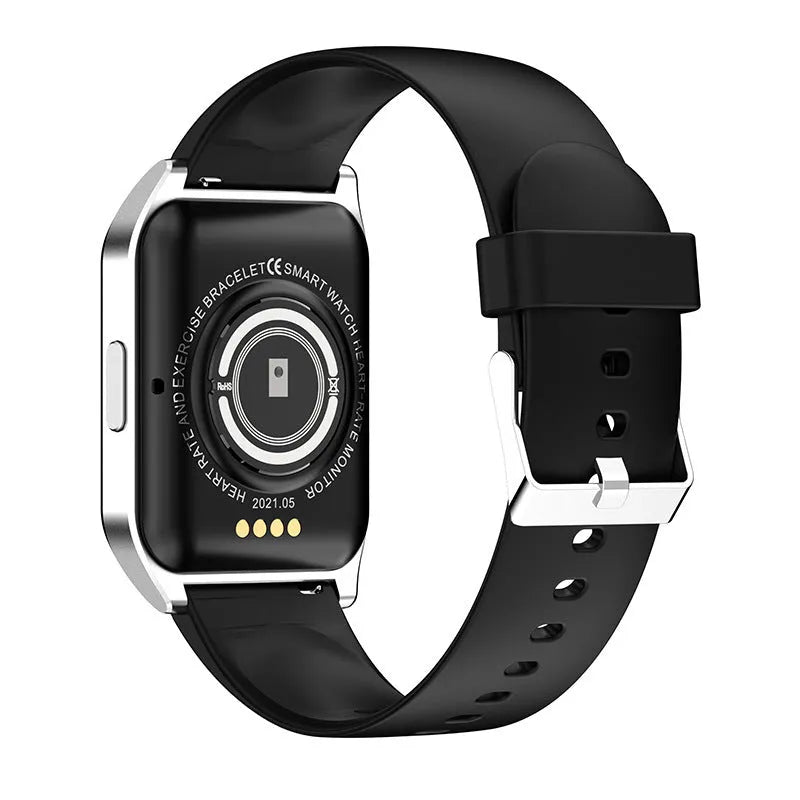 Black smart watch with heart rate monitor on silicone wrist strap showing 1.69-inch touch screen display