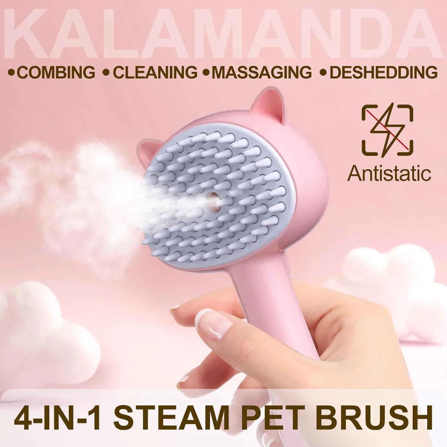 Blue cat steam brush with ergonomic handle and rubber bristles for pet grooming