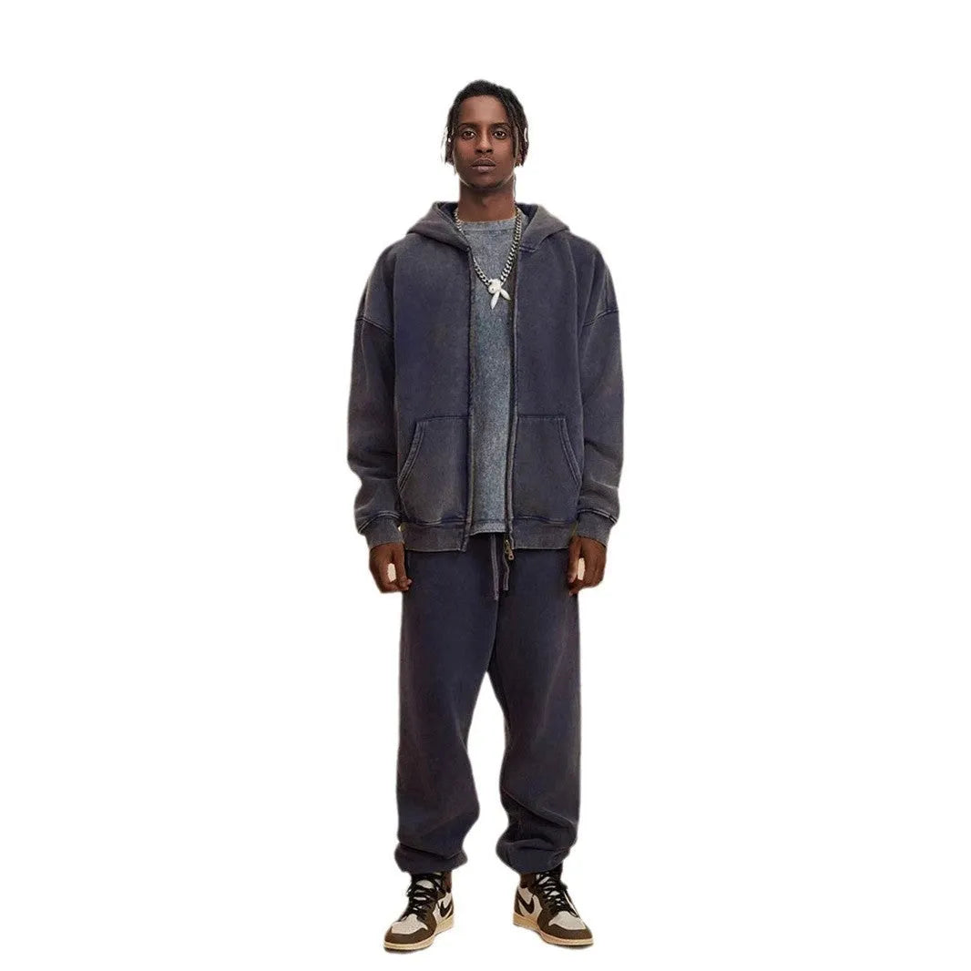 Men's vintage washed cotton hooded cardigan with fleece lining and a double zipper front.