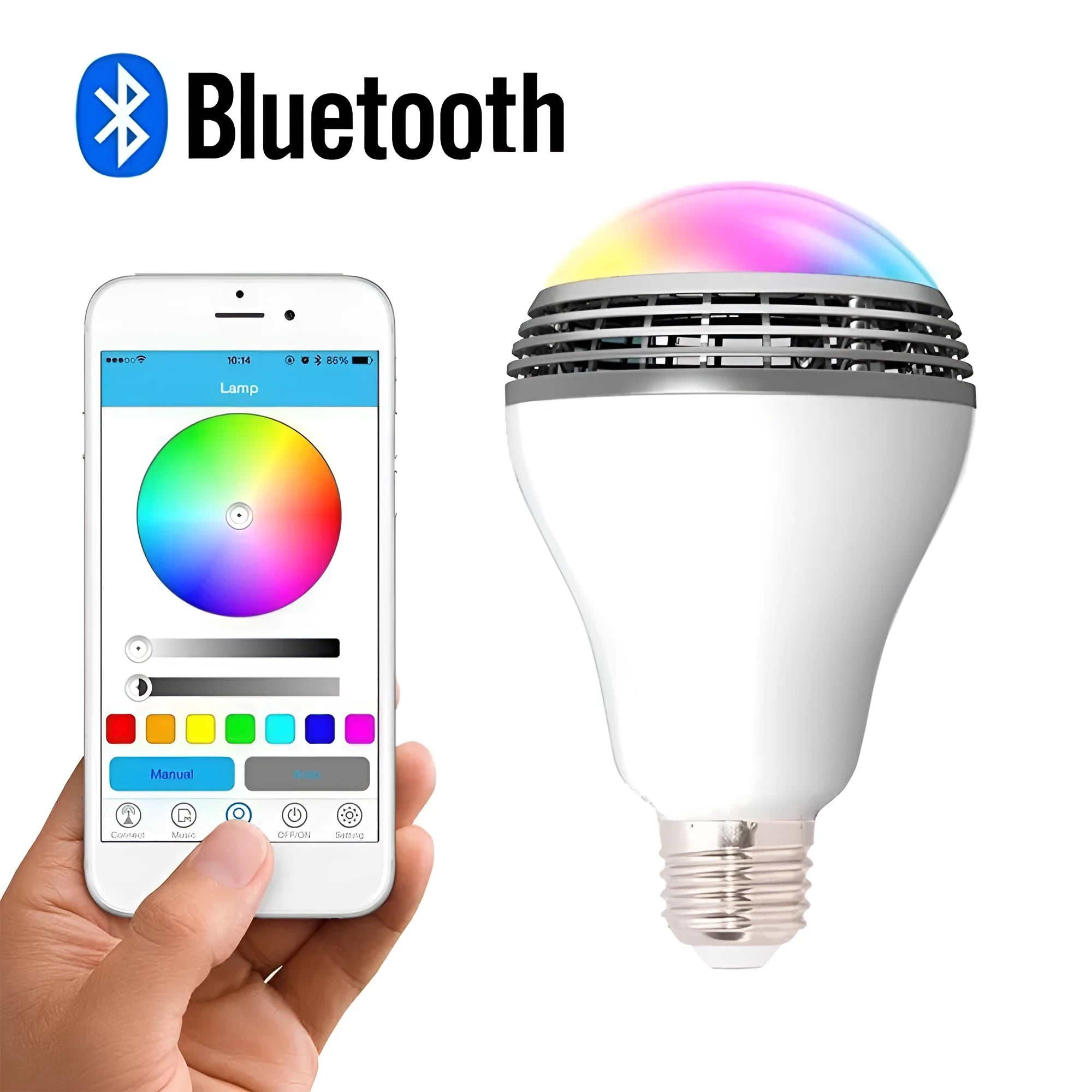 Creative Home LED smart bulb with Bluetooth speaker in E27 fitting showing dimensions and RGB lighting