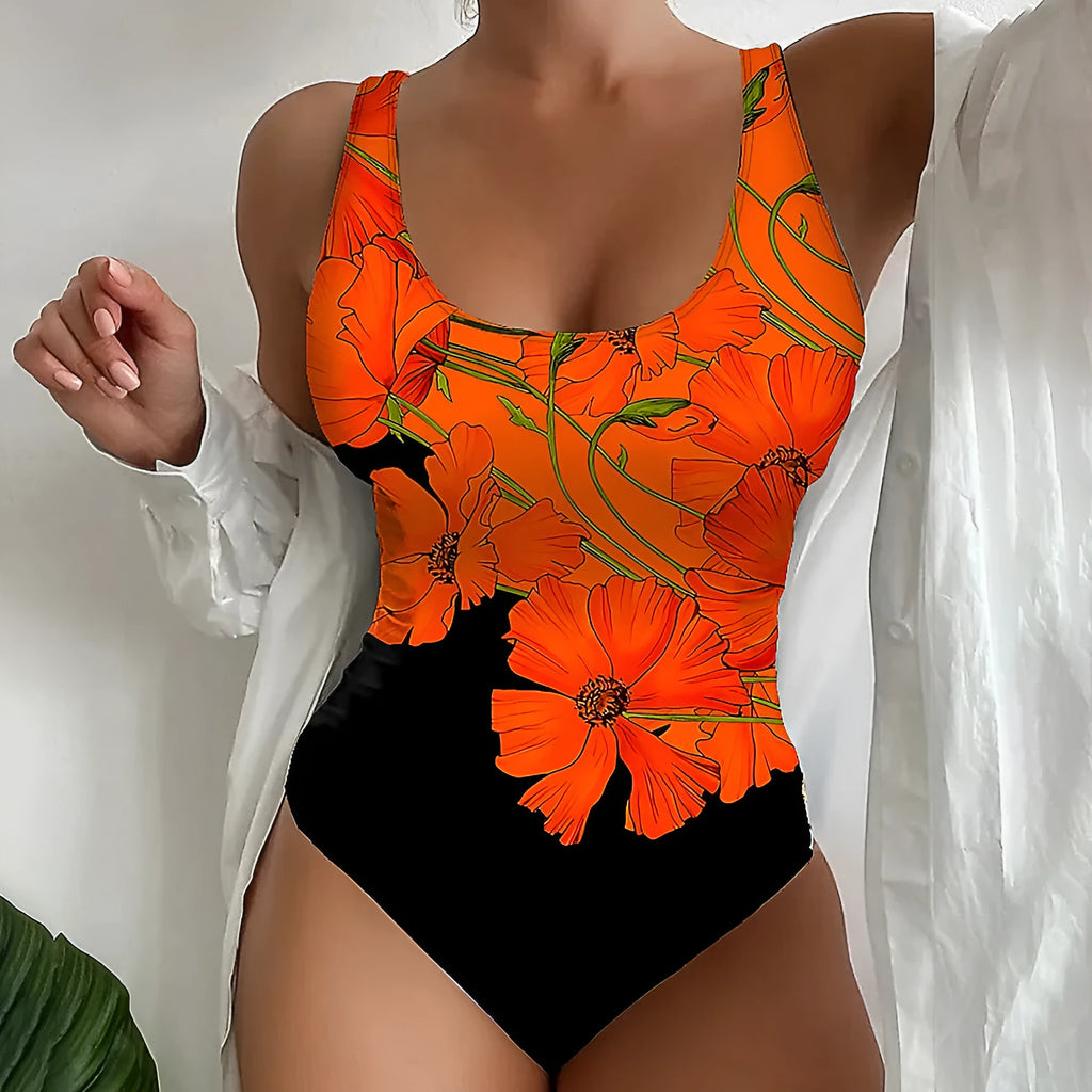 Orange floral printed one-piece swimsuit with backless design and slim fit style for women
