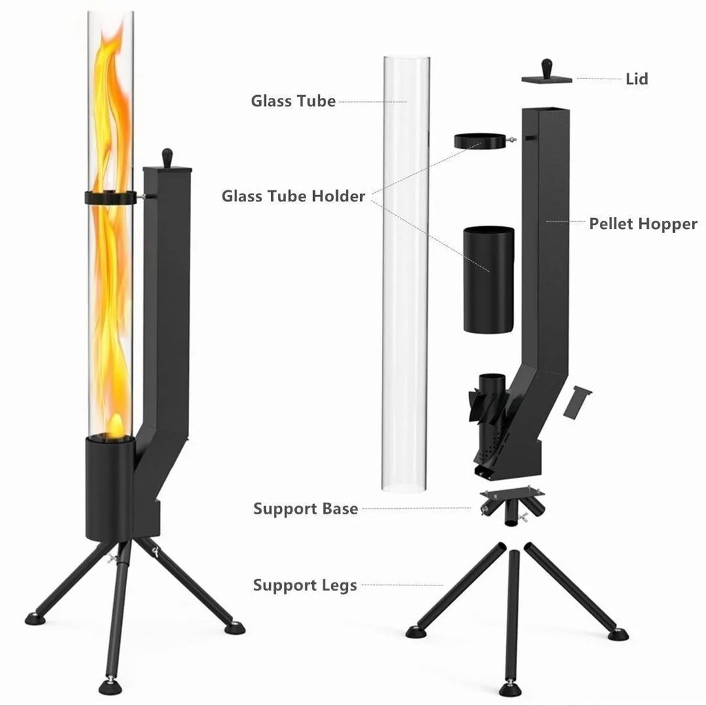 Vertical cast iron wood burning rocket furnace stove for outdoor patio and courtyard heating.