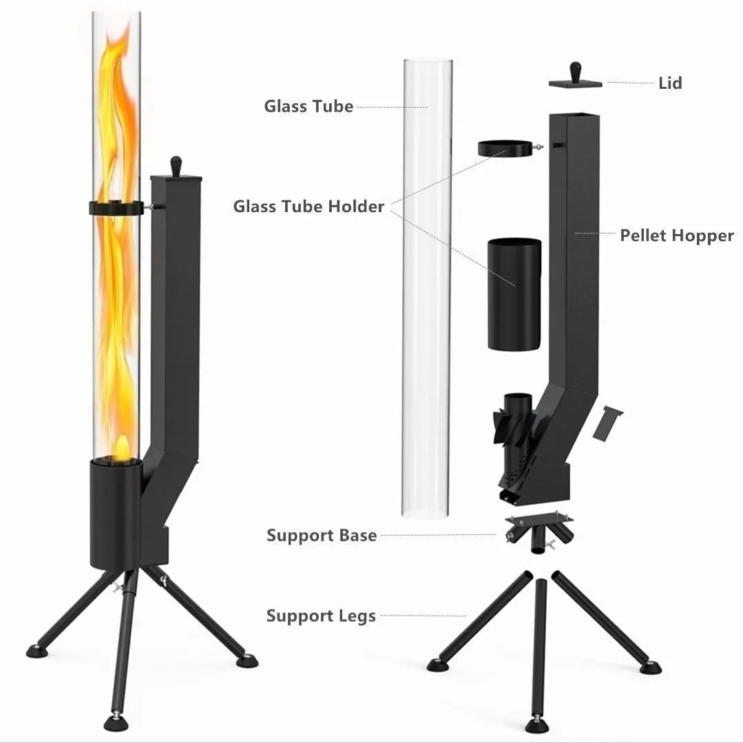 Vertical cast iron wood burning rocket furnace stove for outdoor patio and courtyard heating.