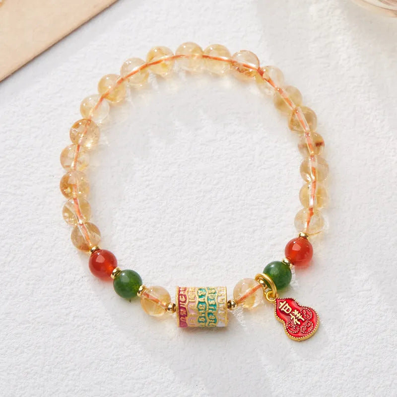 Hand-woven citrine five sutra bracelet with 6mm crystal beads and geometric design
