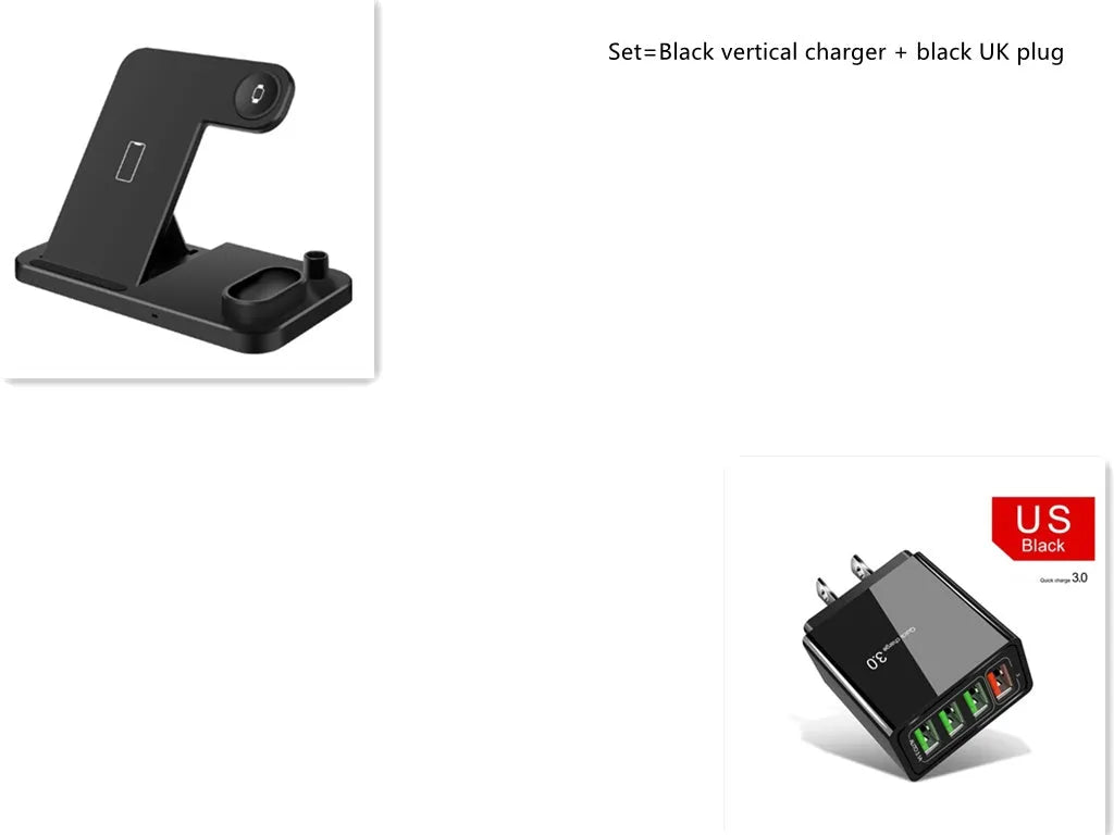 4-in-1 wireless charging station showing phone, Apple Watch, and AirPods charging on adjustable magnetic stand.