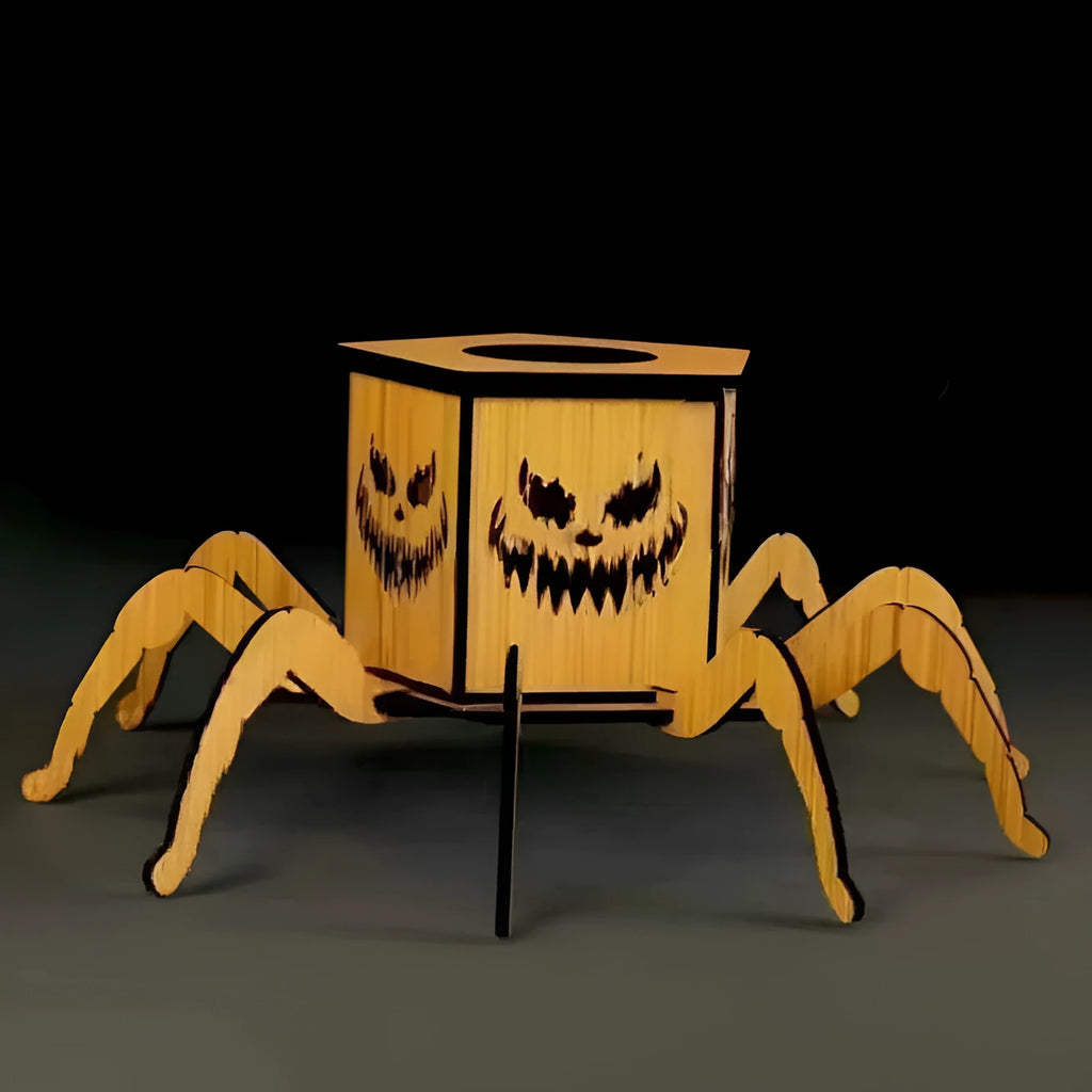 Wooden spider mini lantern candlestick Halloween decoration measuring 21 by 8.5 cm