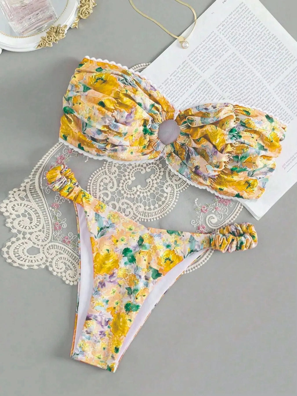 Women's printed floral tube top bikini with lace detailing in blue, pink, yellow or multicolour options