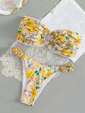 Women's printed floral tube top bikini with lace detailing in blue, pink, yellow or multicolour options