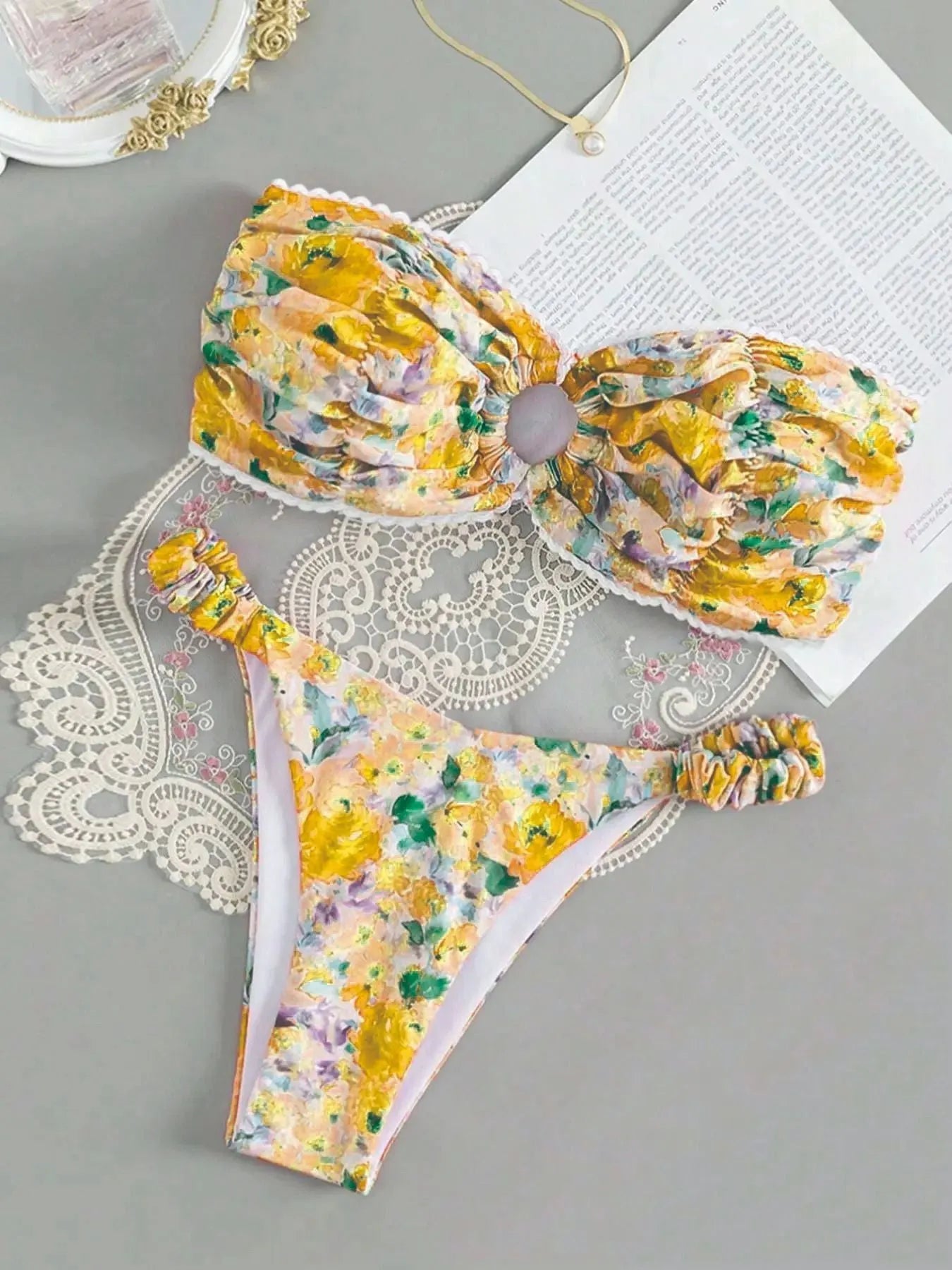 Women's printed floral tube top bikini with lace detailing in blue, pink, yellow or multicolour options