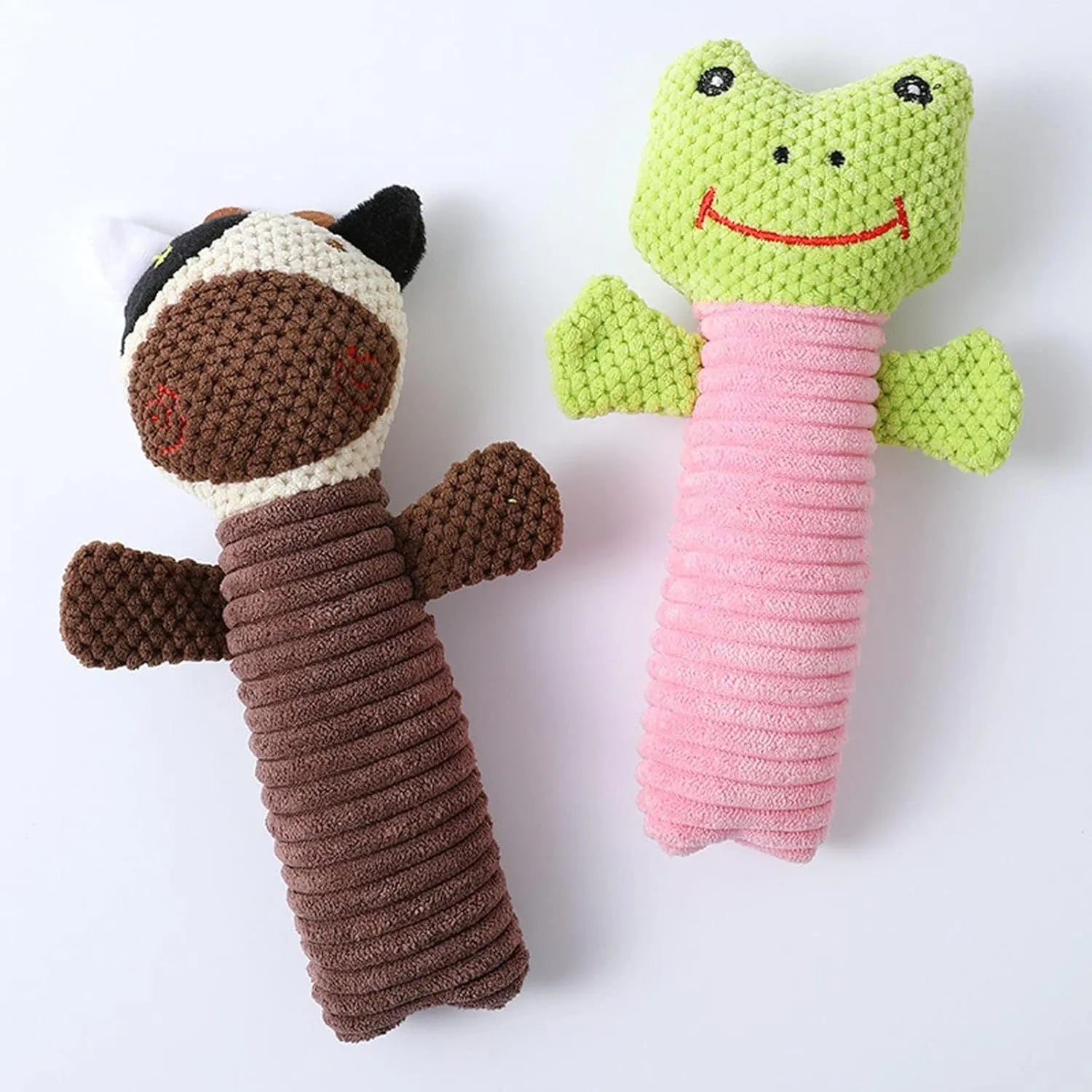 Squeaky stuffed animal dog chew toy in calf, frog, or puppy shape for dental cleaning