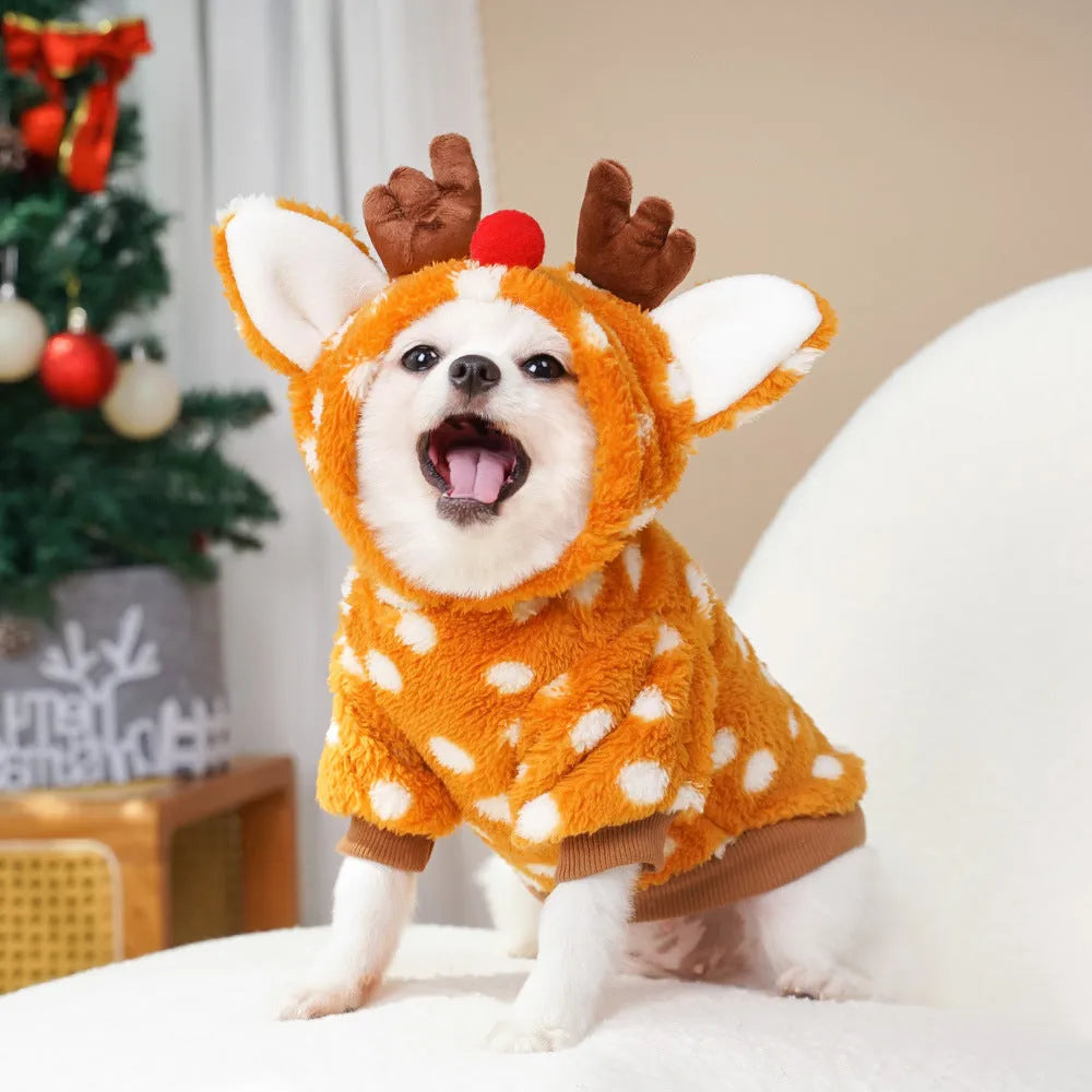 Elk fleece-lined pet costume for dogs and cats, two-leg Christmas design, sizes XS to XXL, polyester