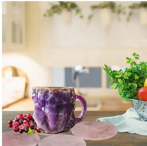 Resin mineral crystal coffee mug with handle in purple colour showing transparent construction