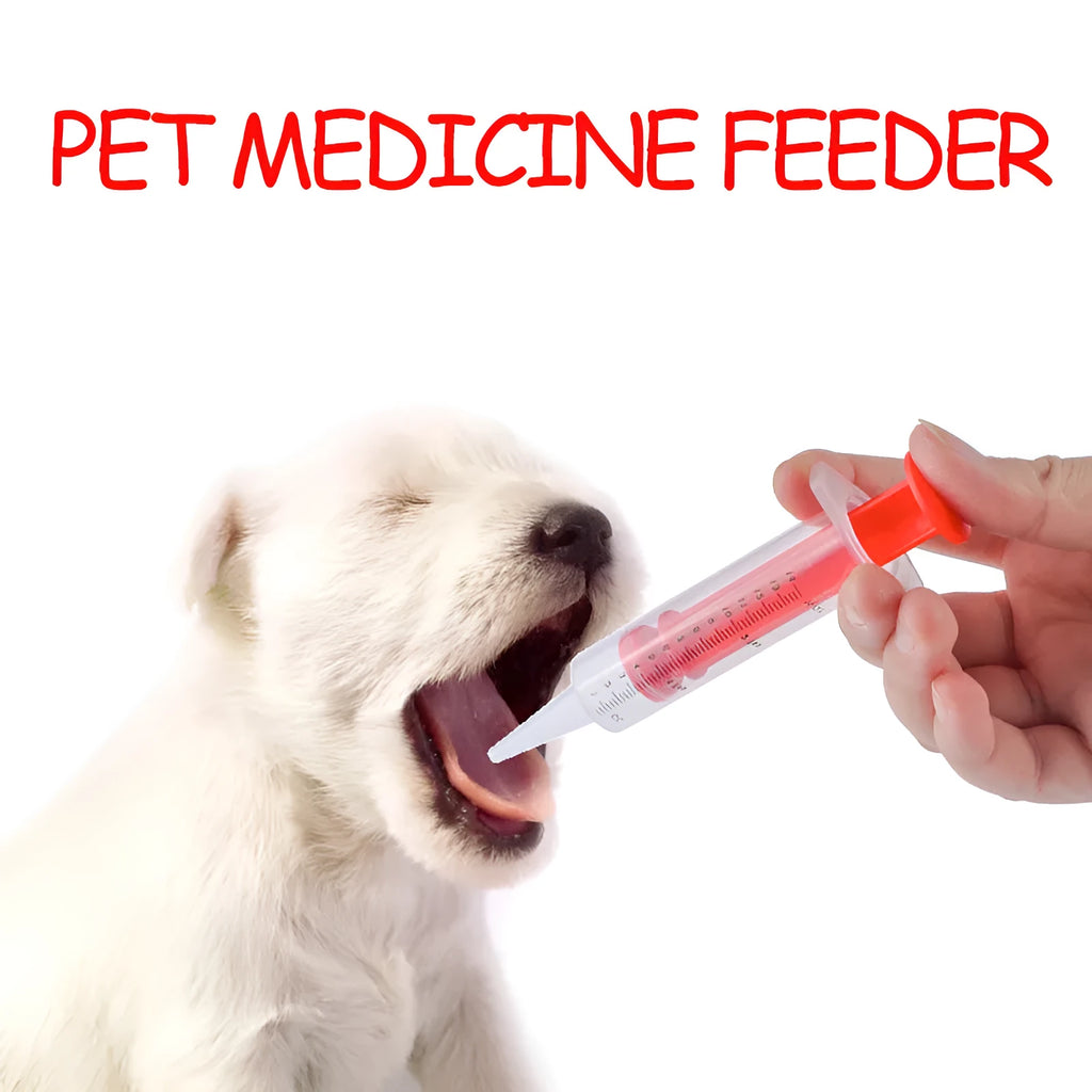 Two white pet pill shooter dispensers with soft silicone tips and push rods for administering tablets to cats and dogs.