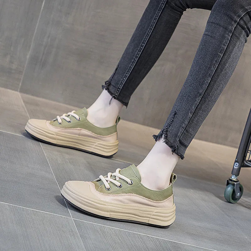 Women's leather casual platform sneakers in matcha green, showing lace-up front and round toe design.
