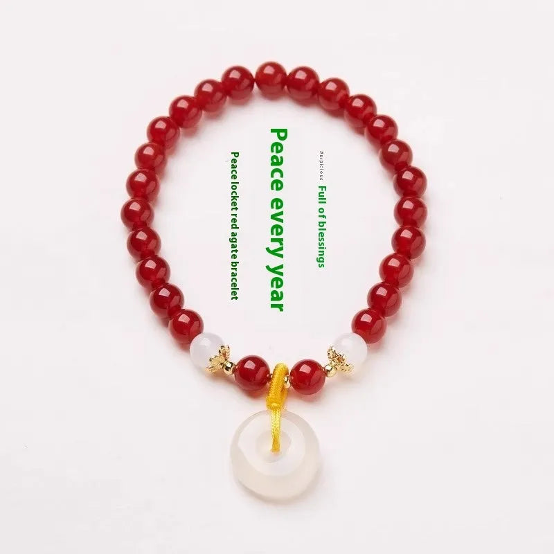 Natural jade bracelet with safety buckle clasp showing 6mm agate and strawberry quartz beads