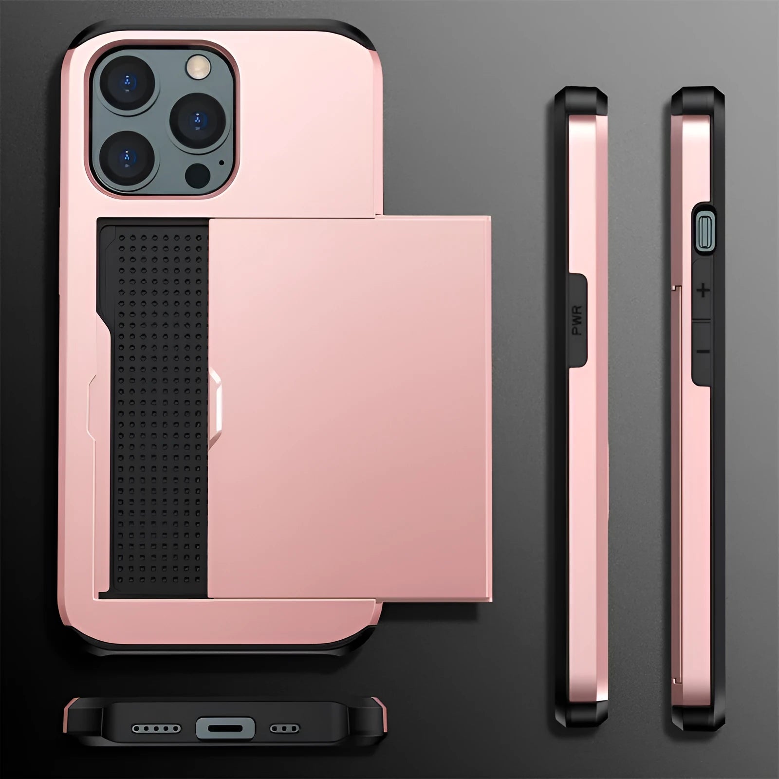 Sliding cover wallet mobile phone case in matte finish showing integrated card slot.