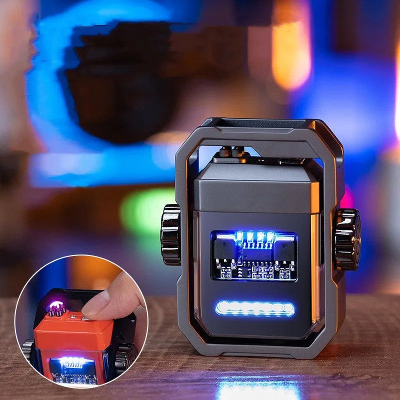 Blue zinc alloy windproof arc lighter with folding design and visible rotary gyroscope mechanism