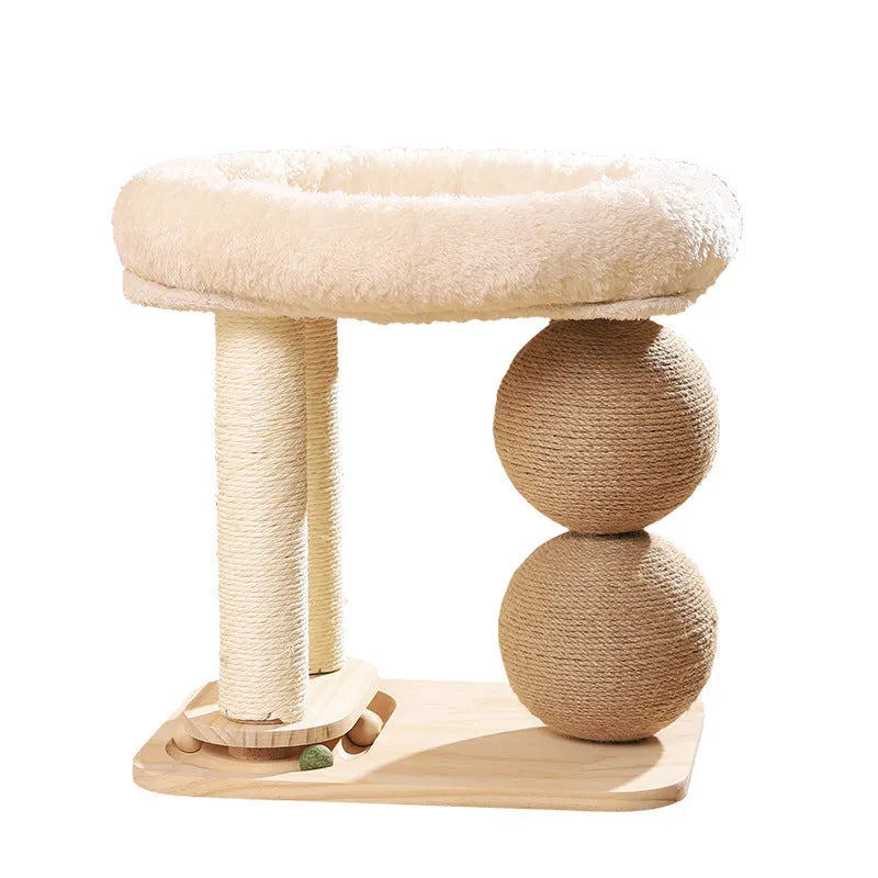 Pine wood cat nest bed with built-in grasping balls in three style variants.