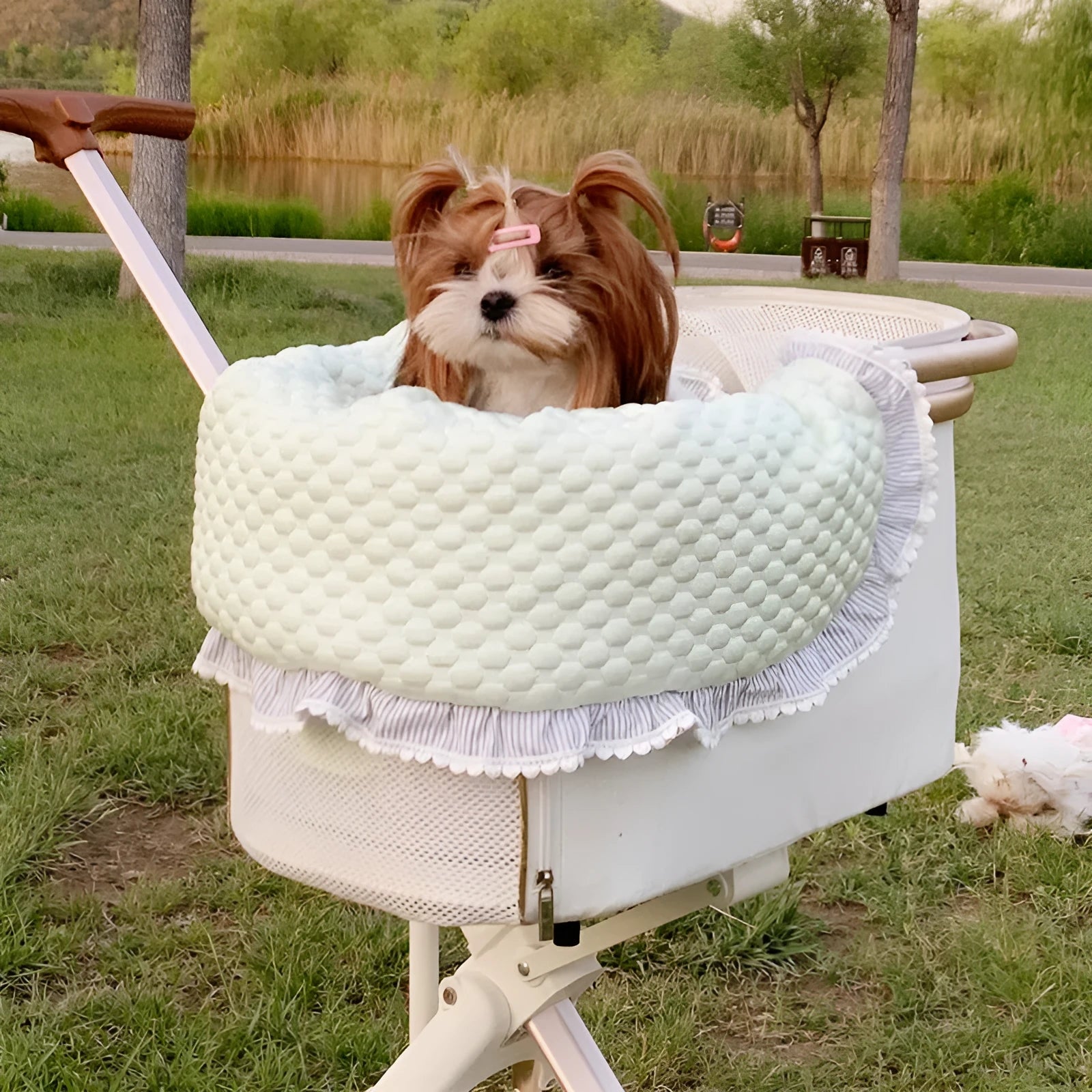 Pure cotton pet stroller cushion set with removable towel, cushion and pillow in floral pattern