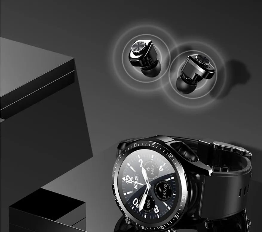 Black smart watch with health monitoring on a silicone strap next to charging cable and earphones
