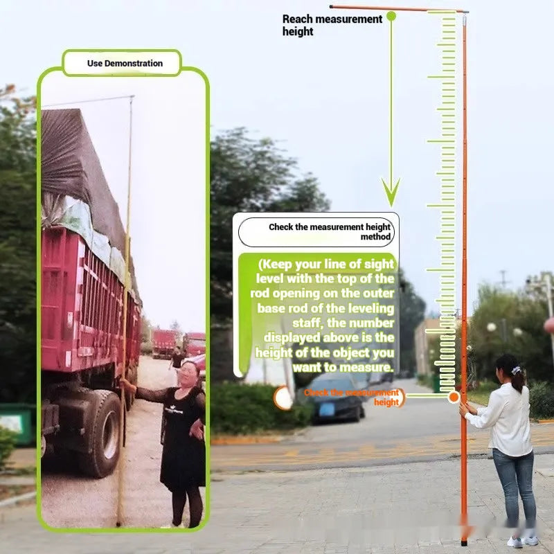 Telescopic fibreglass cargo truck height measuring rod extended to full length showing measurement scale.