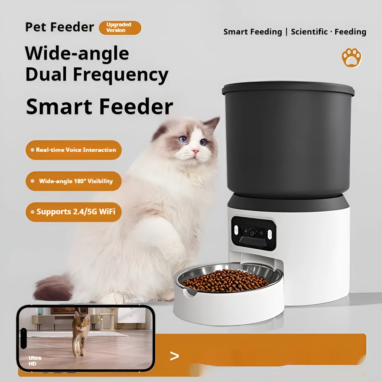 White 4-litre smart pet feeder with digital display and stainless steel bowl on a wooden floor.