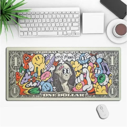 Large customisable anime gaming mouse pad with non-slip rubber base on a desk.