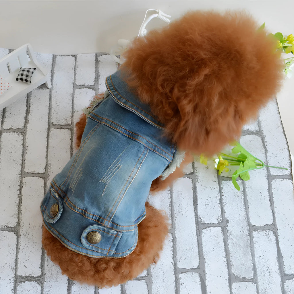 Denim pet dog vest with retro scratch pattern in dark and light colours for small breeds