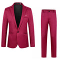 Men's loose fit acetate suit jacket for weddings shown in multiple colours including black, grey, and wine red.