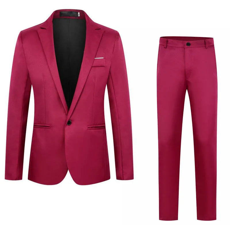 Men's loose fit acetate suit jacket for weddings shown in multiple colours including black, grey, and wine red.