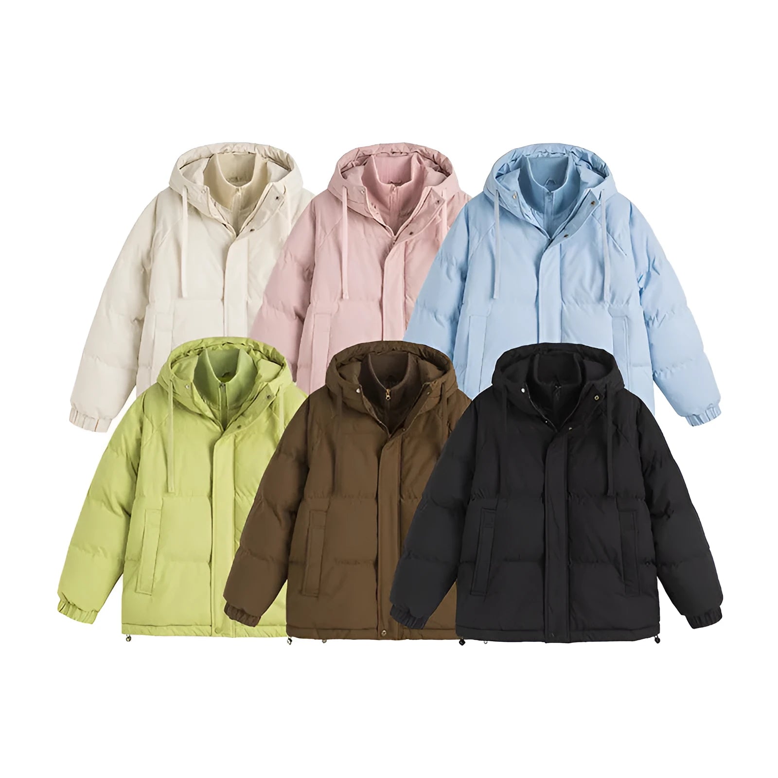 Loose fit fake two-piece winter coat in a solid colour with side seam pockets.