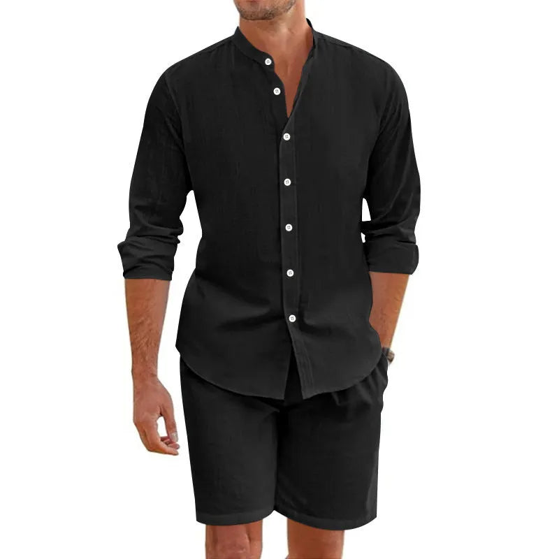 Men's dark grey short sleeve button-down shirt and matching drawstring shorts linen suit set laid flat.