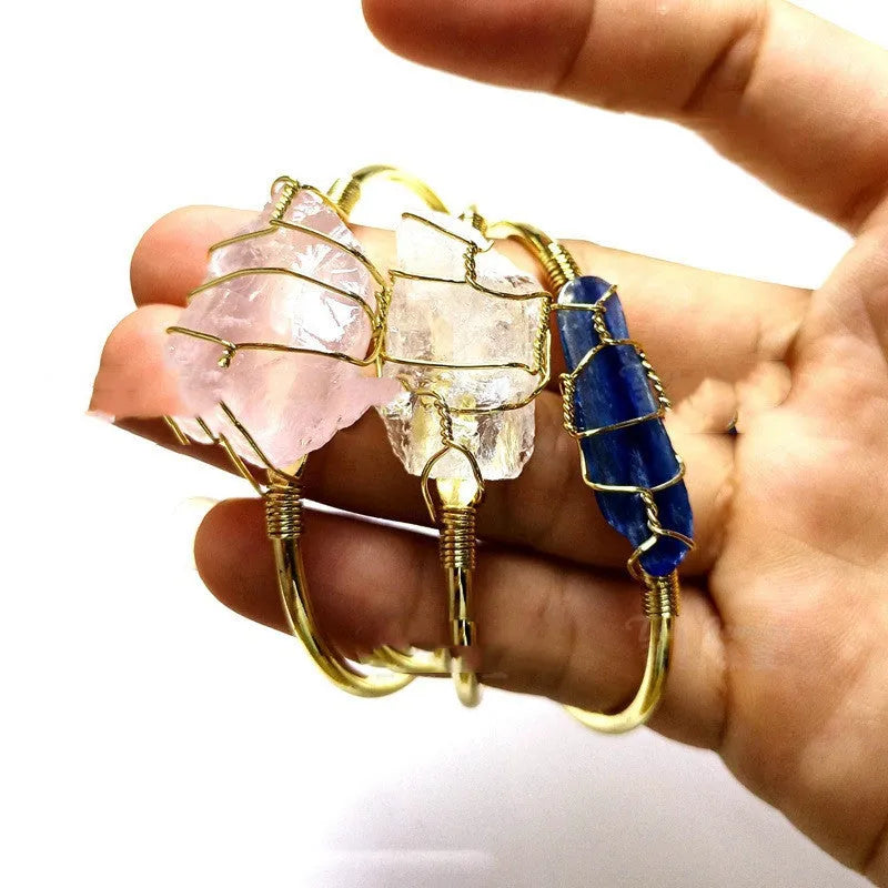 Geometric natural crystal bracelet with gold wire winding in mixed colours