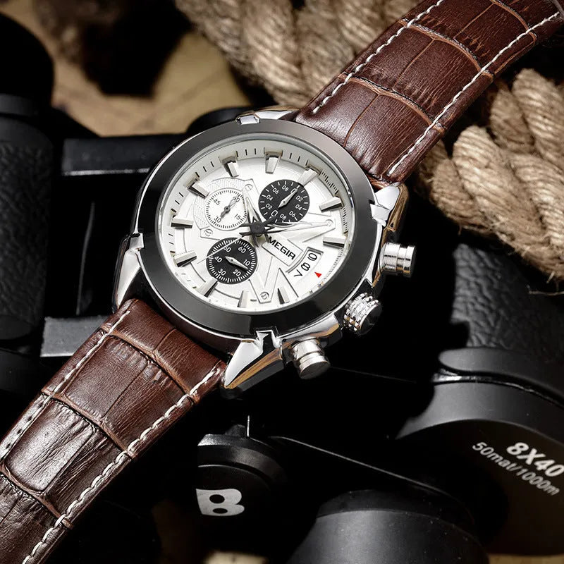 Men's analogue chronograph watch with three dials, six hands, luminous display and waterproof casing