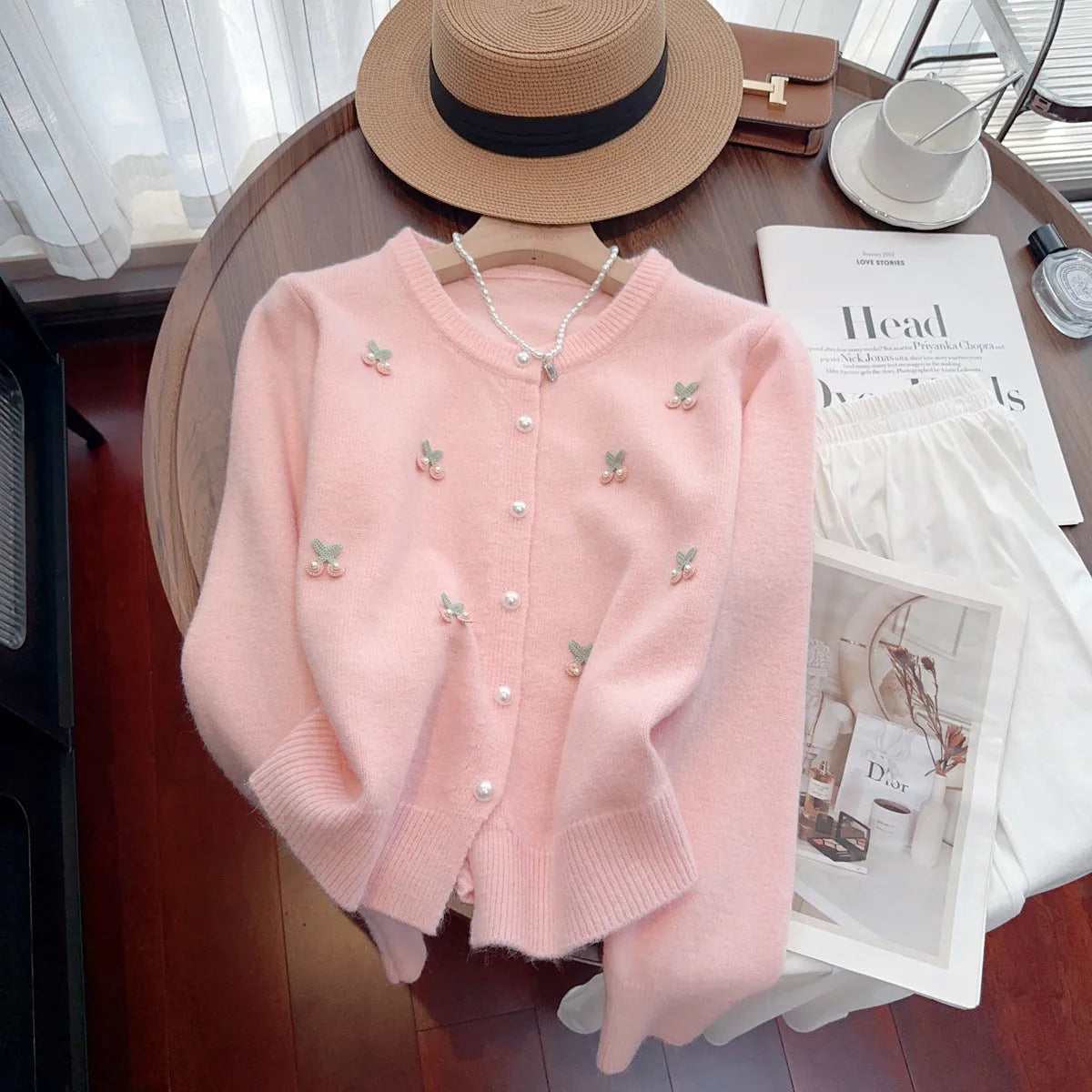 Women's cashmere blend sweater coat cardigan with beaded decoration in slim fit free size