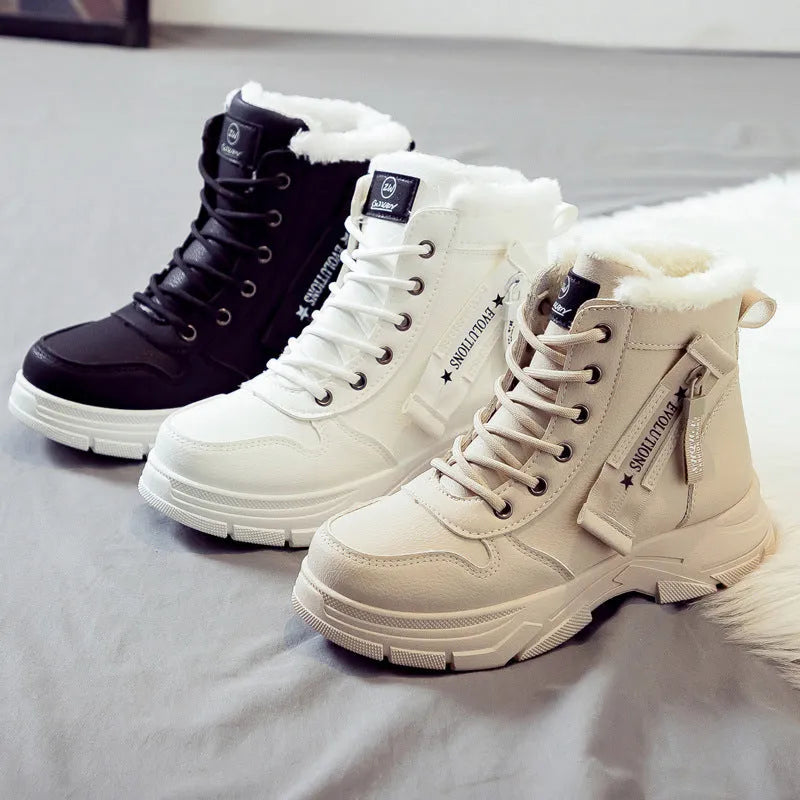 Women's plus size tall snow boot in black with front laces and a mid heel.