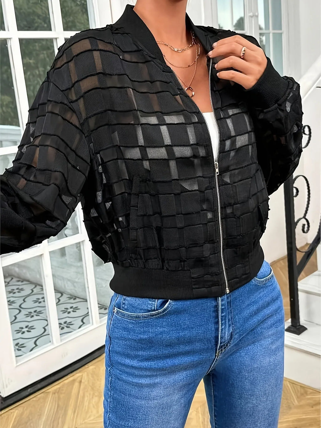 Women's black semi-transparent jacket with geometric pattern, long sleeves, casual style