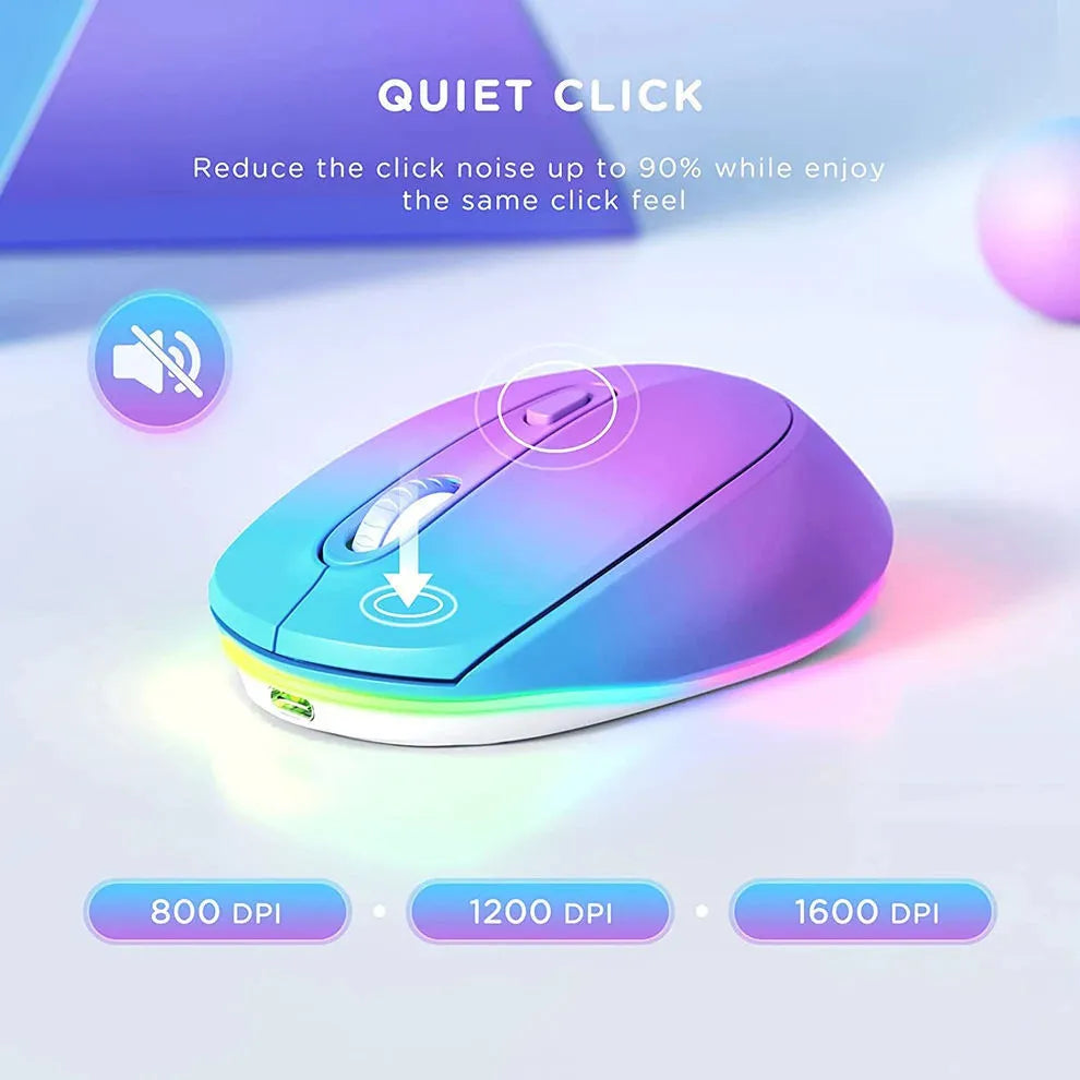 Lightweight rechargeable wireless mouse in multiple colours, shown next to its USB charging cable.